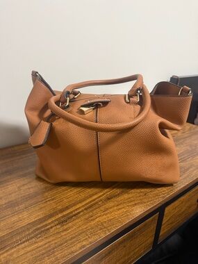 New Pebbled Tan Leather Shoulder Bag with Gold Hardware